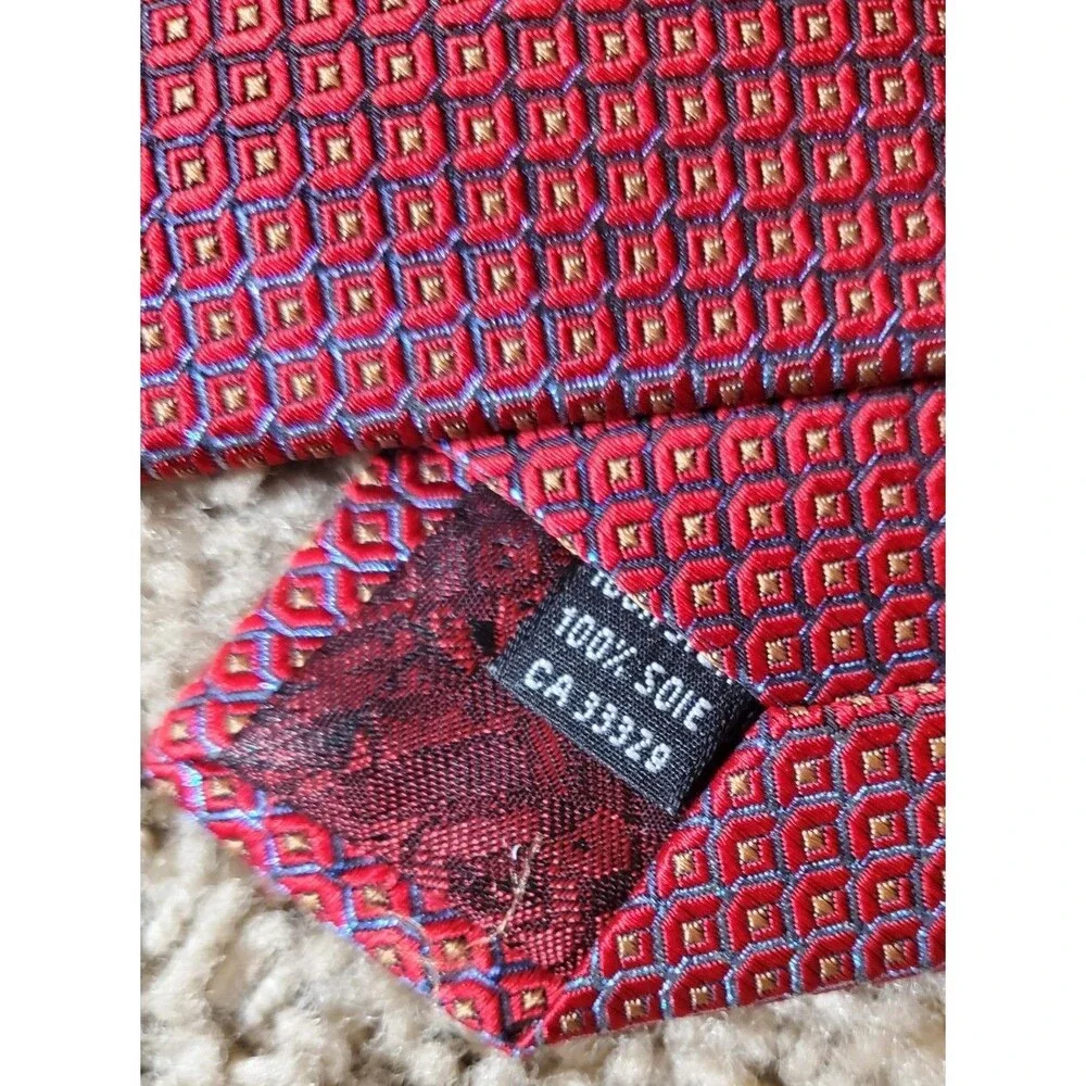Kolte Italy Mens Necktie 100% Silk Red Blue Gold Geometric Woven Classic Tie